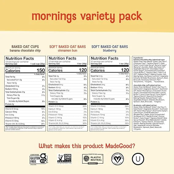 MadeGood Mornings Soft-Baked Oat Bars, 30-Count 1.16lb variety
